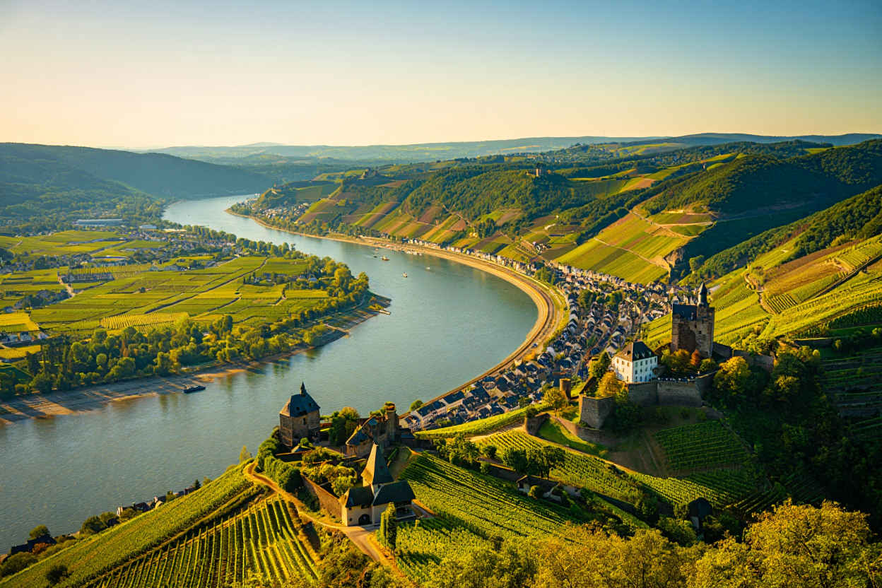 Das romantische Rheintal mit mittelalterlichen Burgen und Weinbergen an Steilhängen